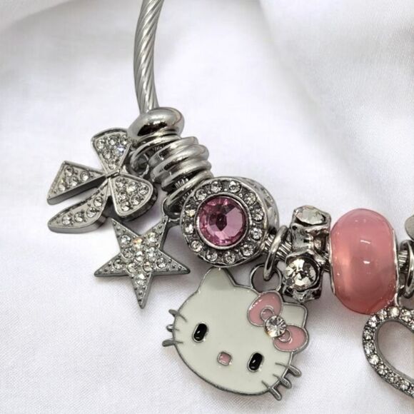 Hello Kitty Beaded Charm Bracelet Rhinestone Silver Heart Bow Cat Star Jewelry - Picture 6 of 12